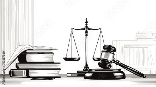 Legal Justice System Concept with Gavel, Judges, Books and Scales of Justice