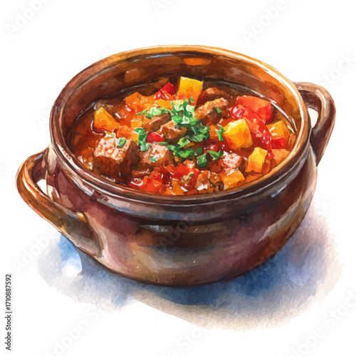 Goulash, watercolor painting, vector illustration, isolated on a white background.