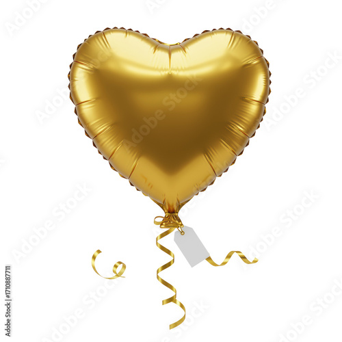 Shimmering golden heart foil balloon with elegant coiling golden ribbon, white gift tag, isolated on transparent background, clean commercial product concept