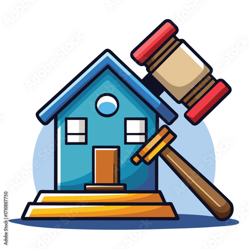 Real Estate Auction Colorful Vector Icon with Hammer and House Symbol for Property Bidding and Investment, Flat Vector Icon on White Background


