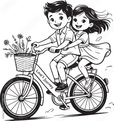 Love's Journey: A captivating illustration that captures the essence of love and adventure, with two cheerful individuals riding on a bicycle.