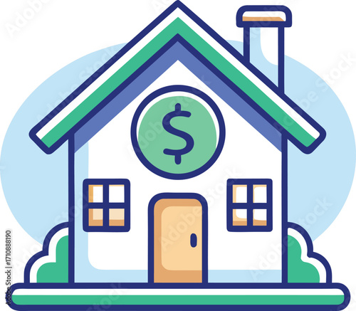 House with Dollar Sign for Real Estate, Property Value, and Investment, Flat Vector Icon on White Background

