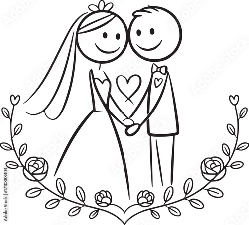 Wedding Romance: A charming illustration portrays a newlywed couple in a delightful embrace, their bond symbolized by a delicate heart and framed by a romantic floral wreath.
