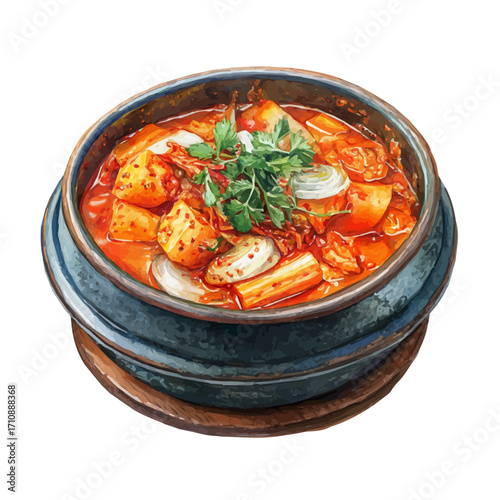 Watercolor vector illustration of Kimchi Stew, isolated on white background.