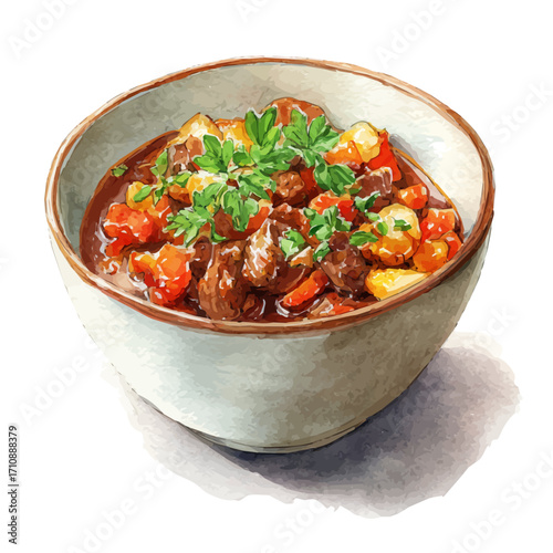 A watercolor painting of Goulash, vector illustration on white background.