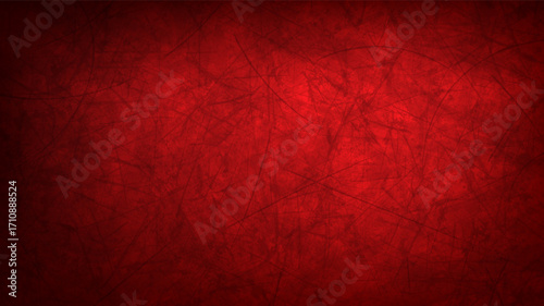 Dark red grunge textured background with light spot. Empty scratched monochrome wall, scarlet red and black color gradient. Vector horizontal banner or poster backdrop, blank HD template.