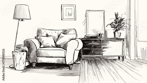 Hand-drawn Living Room Sketch with Couch and Lamp
