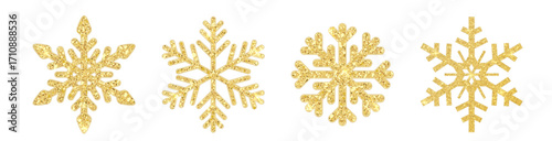 Gold glitter snowflake set isolated PNG. Shiny Christmas decoration vector element