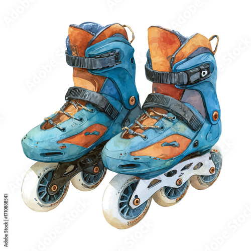 Watercolor vector illustration of Inline Skates, isolated on white background.