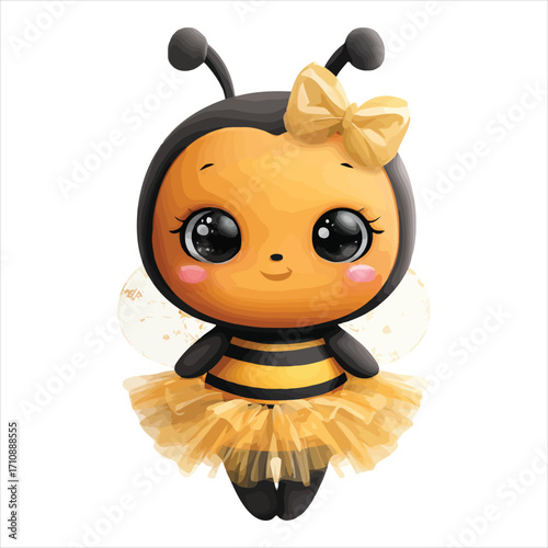Cute cartoon bee wearing a yellow tutu and a bow with large sparkling eyes insect character