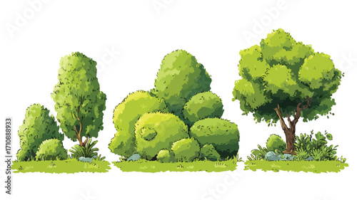Lush Green Cartoon Forest Bushes for Park and Shrubbery