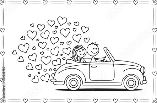 Love's Journey: A couple in love, embarking on a heartwarming adventure, framed by a border of hearts, symbolize the journey of romance.
