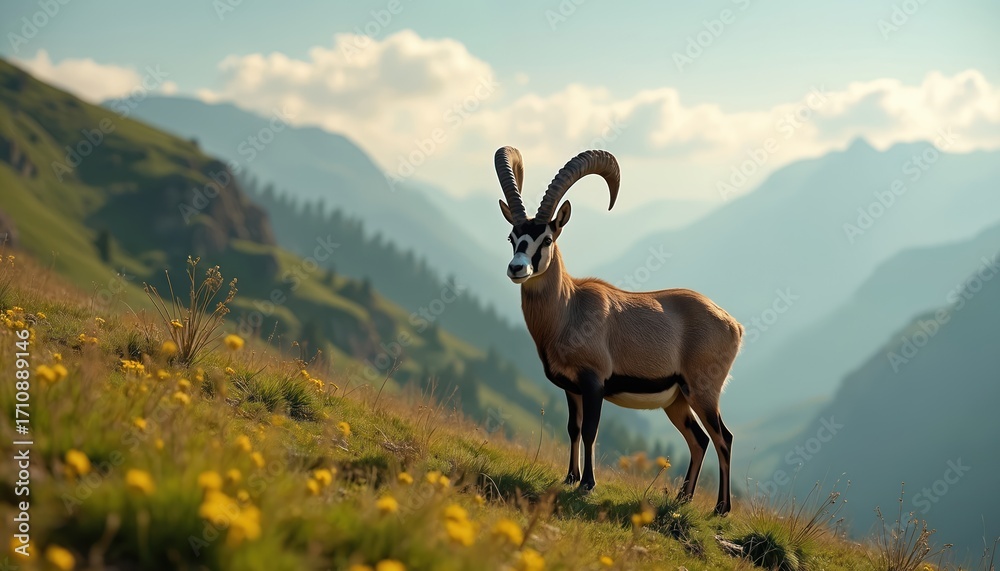 Fototapeta premium Goat stands on green slope with yellow flowers in mountain landscape. Animal watches horizon in wilderness area. Mountain goat stays in nature. Summertime in wild nature animal habitat.