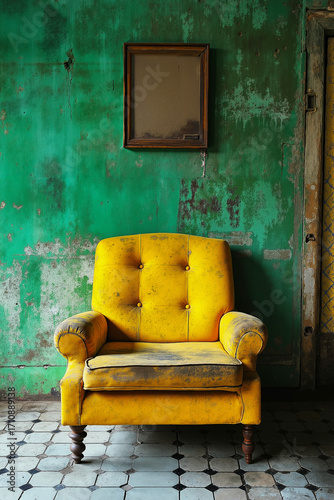 A yellow chair sitting in front of a green wall