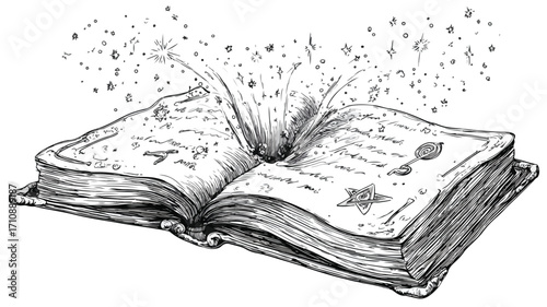 Enchanting Open Fantasy Book Sketch with Magical Spell, Mystical Pages Illustration for Sorcery, Wizardry Concept