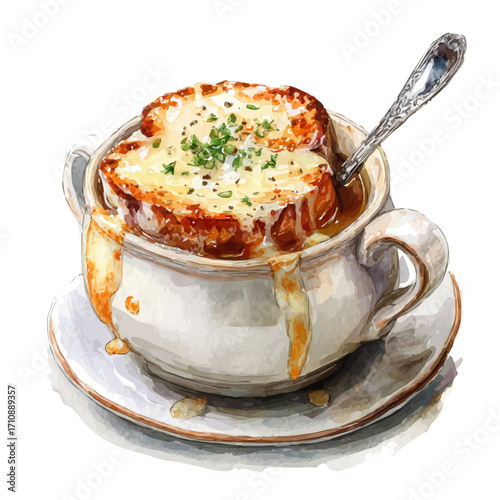 A watercolor painting of French Onion Soup, vector illustration on white background.