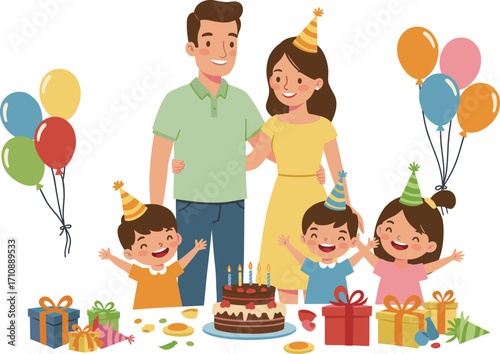 Family birthday celebration, parents and children enjoying party, cake and gifts, festive atmosphere, balloons, cheerful moment, happy kids, togetherness