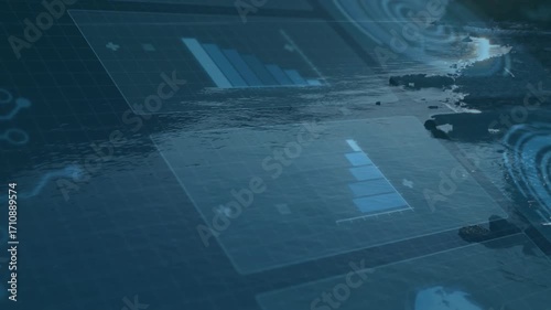 On activation holographic panels above lake exhibiting growing bar charts visualizing market trends