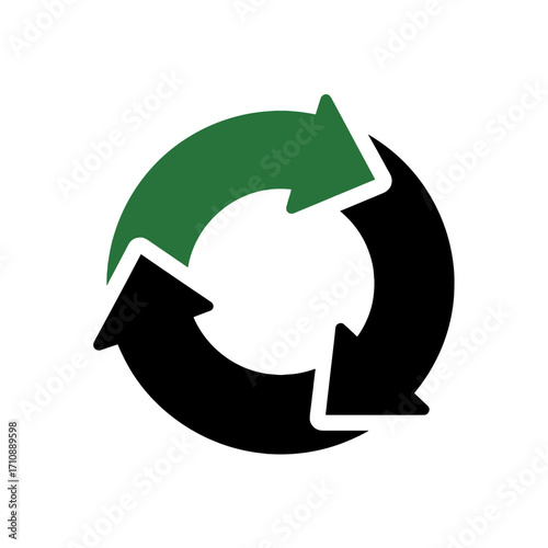 Recycling symbol icon with green and black arrows on transparent background, eco-friendly design
