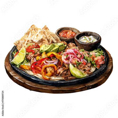 Watercolor vector illustration of Fajita Platter, isolated on white background.