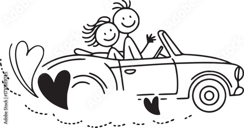 Romantic Drive: A charming, whimsical illustration portrays a happy couple joyfully embarking on a scenic drive together in a convertible car.