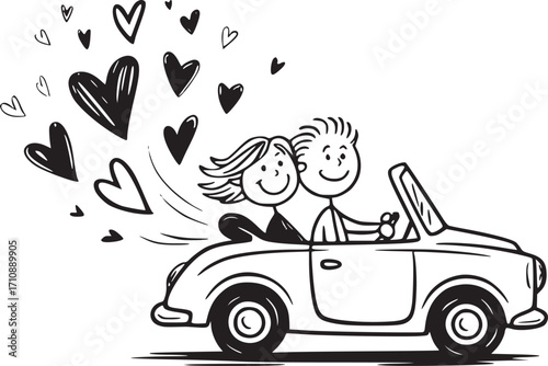 Love on the Road: A whimsical illustration of a couple joyfully cruising in a convertible, hearts swirling, capturing the essence of romance, journey, and the open road.