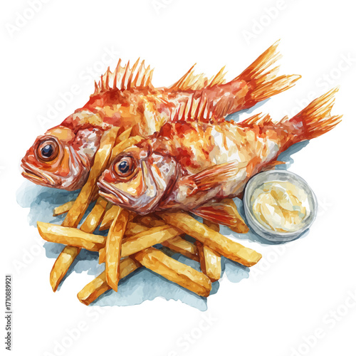 Watercolor vector illustration of Fish And Chips, isolated on white background.