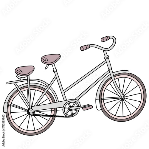 A charming hand drawn illustration of a vintage bicycle with two seats and a white background