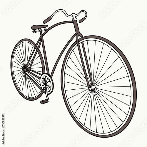 Vintage style bicycle illustration with large front wheel and classic handlebars on a plain background