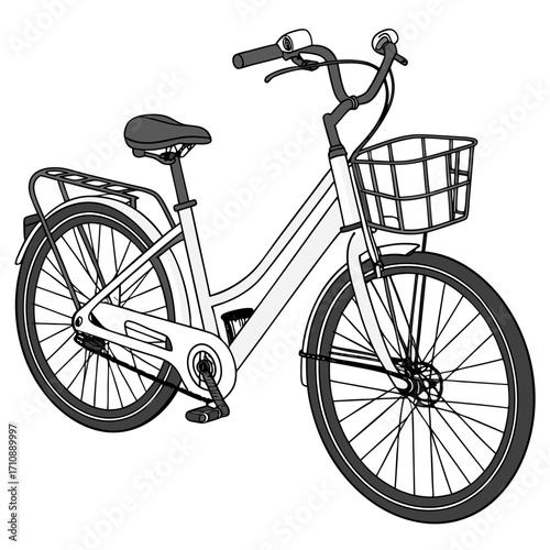 A simple line drawing illustration of a white bicycle with a front basket and rear rack on a white background