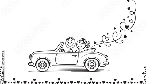 Love on the Open Road: A stick-figure couple embarks on a romantic journey in a classic convertible car, hearts trailing behind, in this charming and artistic illustration.