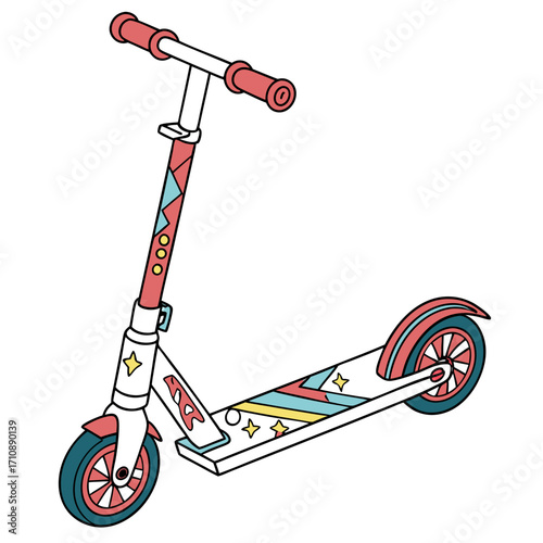 Colorful cartoon kick scooter with geometric patterns and stars ideal for children s outdoor recreation and fun