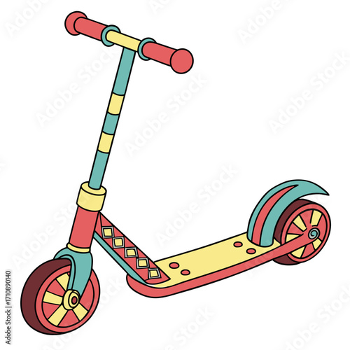 Colorful cartoon scooter with red yellow and teal handlebars wheels and deck on white background