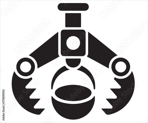 Robotic claw arm silhouette holding object isolated on white background, automation machine vector illustration, industrial robot symbol graphic design, technology icon for engineering, factory, and m