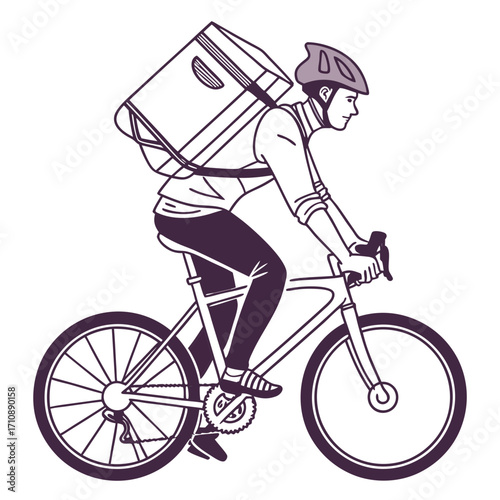 Delivery person with insulated backpack riding a bicycle on a white background vector illustration