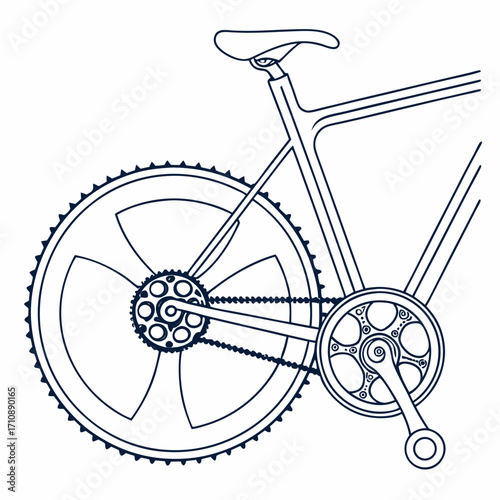 Detailed outline illustration of a bicycle s rear wheel chain and crankset emphasizing mechanical components