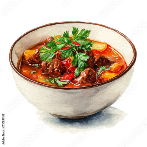 Goulash, watercolor painting, vector illustration, isolated on a white background.