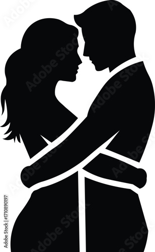 Elegant romantic couple in a loving embrace depicted as a striking black silhouette against a vibrant backdrop perfect for design projects
