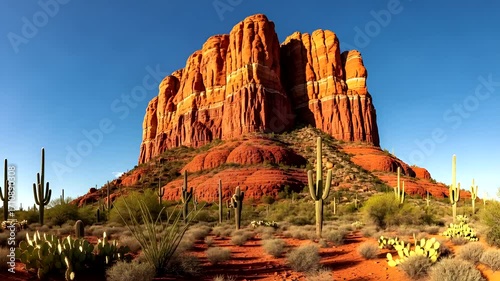 Majestic red rock formations against a clear blue sky in the desert southwest landscape