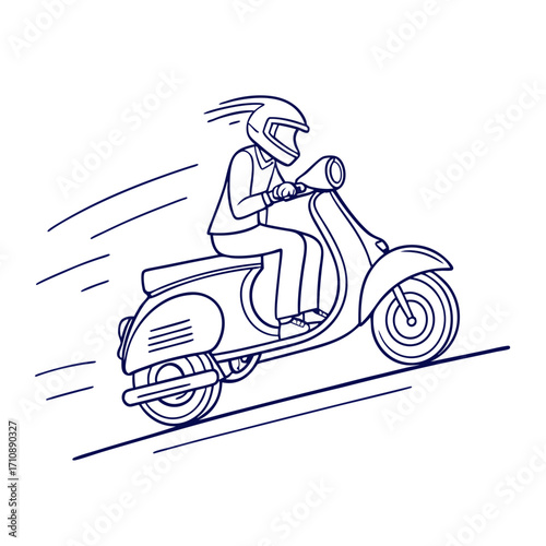 Person wearing a helmet riding a classic scooter with motion lines suggesting speed and movement