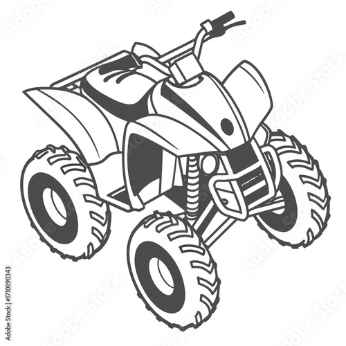 Stylized black and white illustration of a four wheel all terrain vehicle or quad bike on a white background