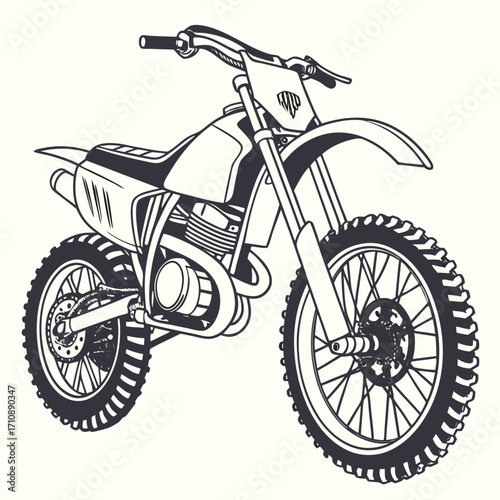 Stylized black and white illustration of a powerful dirt bike ready for off road racing adventures
