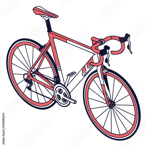 Stylish red and white road bicycle with thin black outline and spokes on a white background