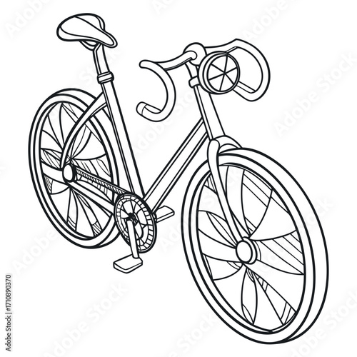 Stylized black and white line art drawing of a sleek racing bicycle with detailed wheels and handlebars