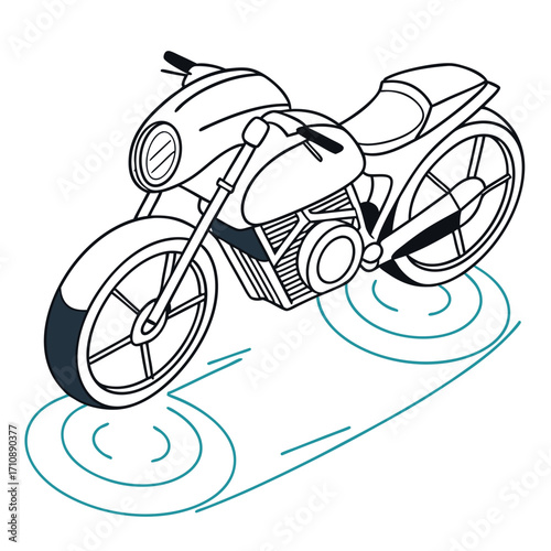 Stylized black and white outline illustration of a classic motorcycle with turquoise motion lines and circular tire tracks
