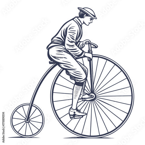 Vintage man in old fashioned clothing riding a penny farthing bicycle with a hat and knickerbockers