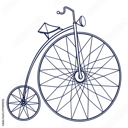 Vintage penny farthing bicycle outline illustration with large front wheel and small rear wheel