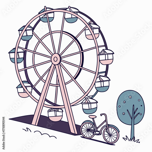 Whimsical ferris wheel with a bicycle and tree in a playful hand drawn style