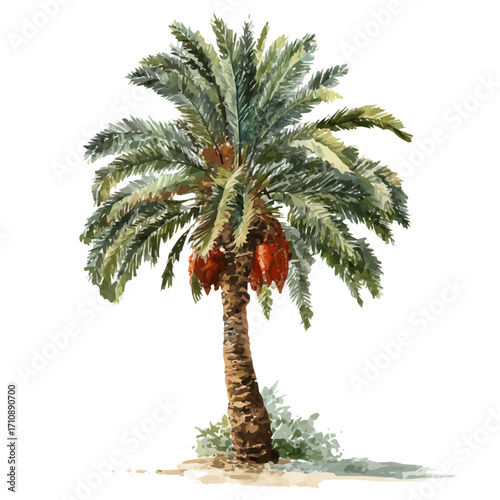 Date Palm Tree in watercolor style, vector illustration, isolated on white background.
