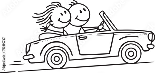 Open Road Adventures: Two stick figure characters in a charming convertible, embarking on a sunny journey, filled with laughter and carefree moments.